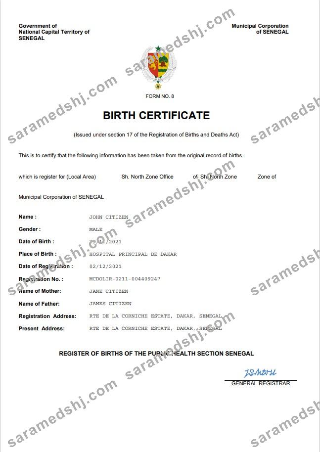 Senegal vital record birth certificate Word and PDF template